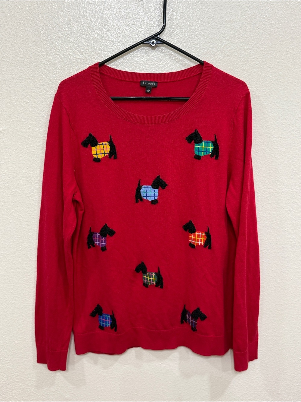 Talbots Red Cashmere Blend Scottish Terrier Dog Embroidered Crewneck Sweater